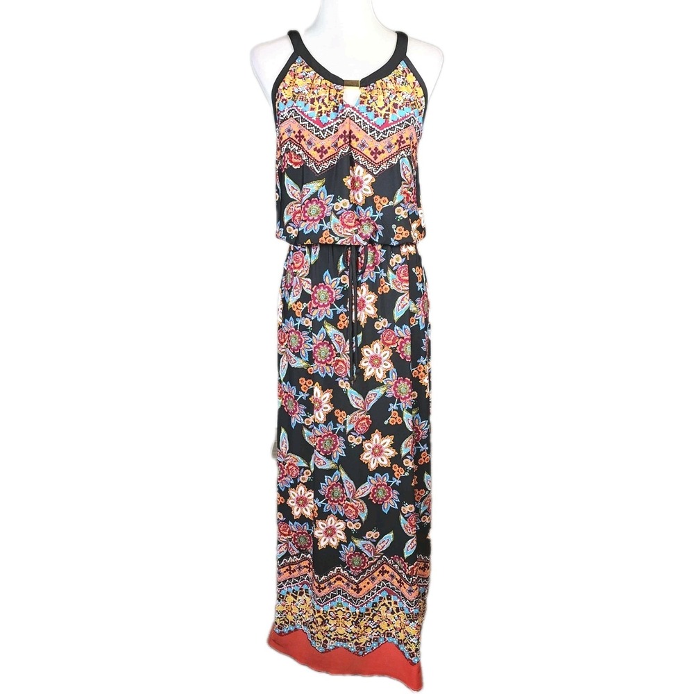 En‎ Focus Maxi Dress Womens 8 Orange Black Floral Keyhole Drawstring Casual Boho